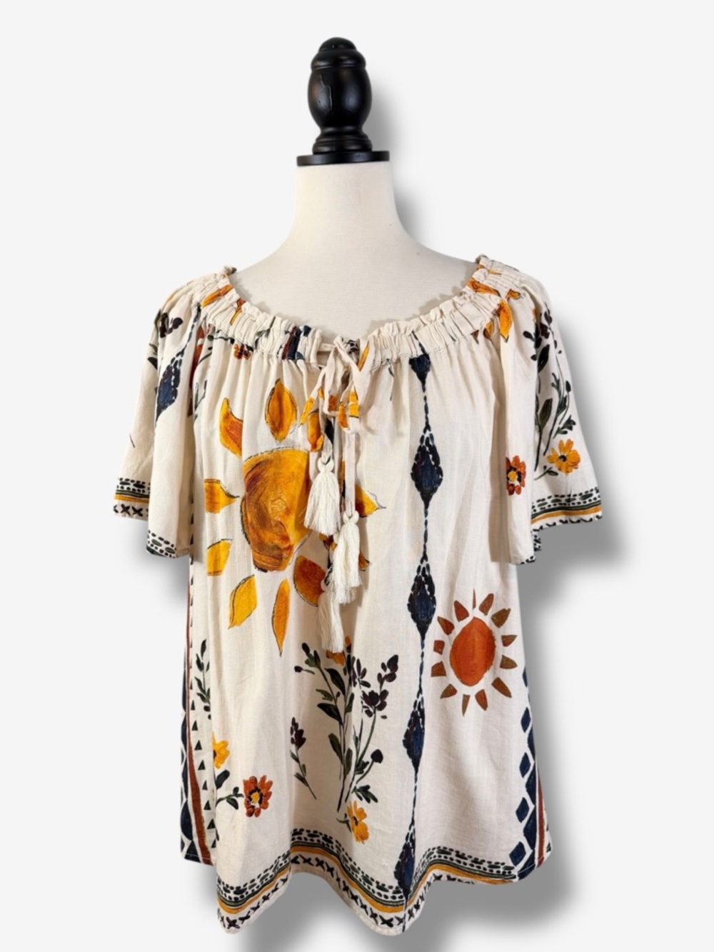 Next Floral Print Linen Blend Top Size US 8 Cream Sunshine Boho Off Shoulder - Picture 12 of 12
